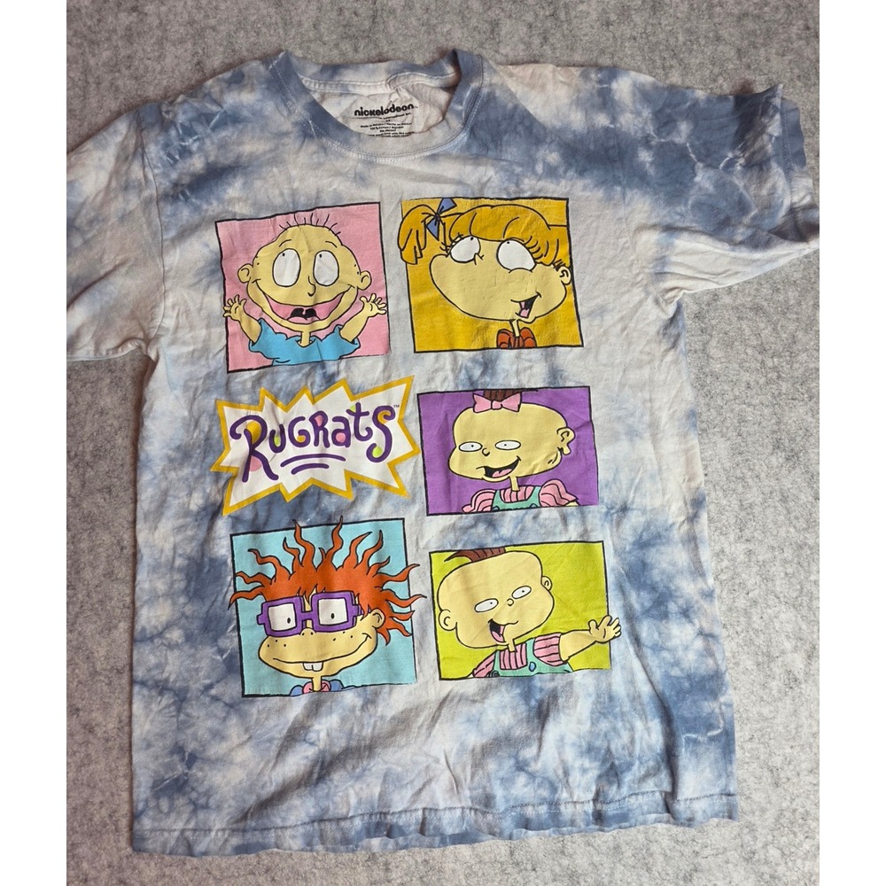 Nickelodeon Rugrats Tie Dye Graphic T-Shirt Blue White Reptar 90s Cartoon Medium